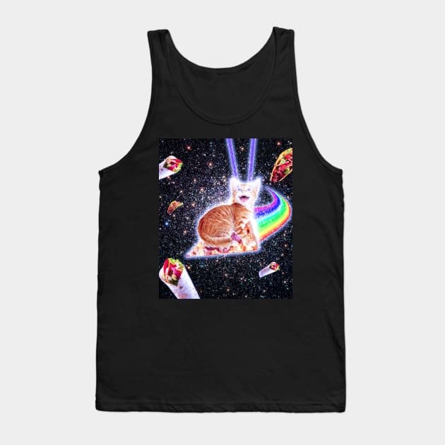 Laser Eyes Space Cat Riding Rainbow Pizza Tank Top by Random Galaxy